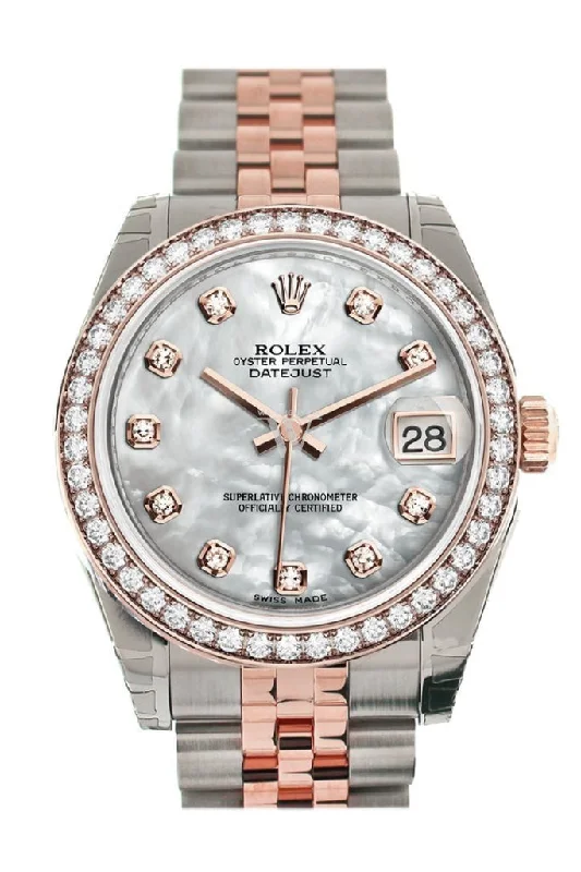 Custom Diamond Bezel Rolex Datejust 31 White Mother of Pearl Diamond Dial 18K Rose Gold Two Tone Jubilee Ladies Watch 178241 Pre-owned