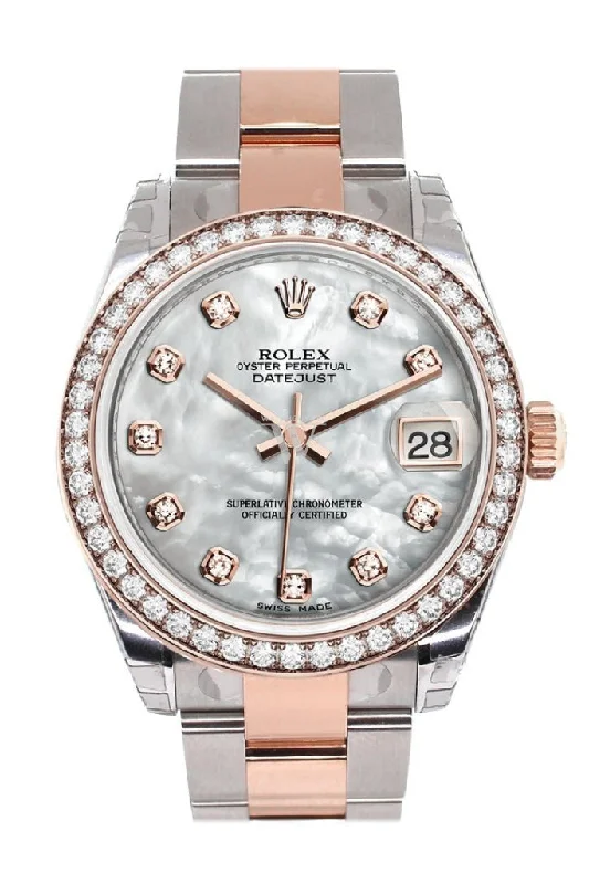 Custom Diamond Bezel Rolex Datejust 31 White Mother of Pearl Diamond Dial 18K Rose Gold Two Tone Ladies Watch 178241 Pre-owned