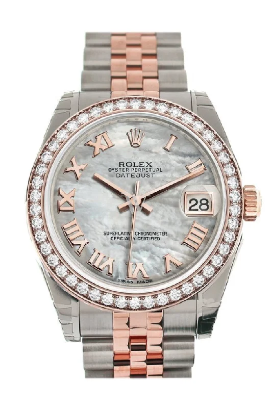 Custom Diamond Bezel Rolex Datejust 31 White Mother of Pearl Roman Dial 18K Rose Gold Two Tone Jubilee Ladies Watch 178241 Pre-owned