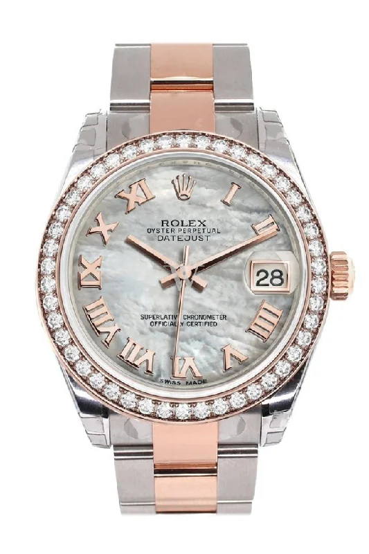 Custom Diamond Bezel Rolex Datejust 31 White Mother of Pearl Roman Dial 18K Rose Gold Two Tone Ladies Watch 178241 Pre-owned