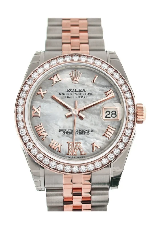 Custom Diamond Bezel Rolex Datejust 31 White Mother of Pearl Roman Large VI Diamond Dial 18K Rose Gold Two Tone Jubilee Ladies Watch 178241 Pre-owned