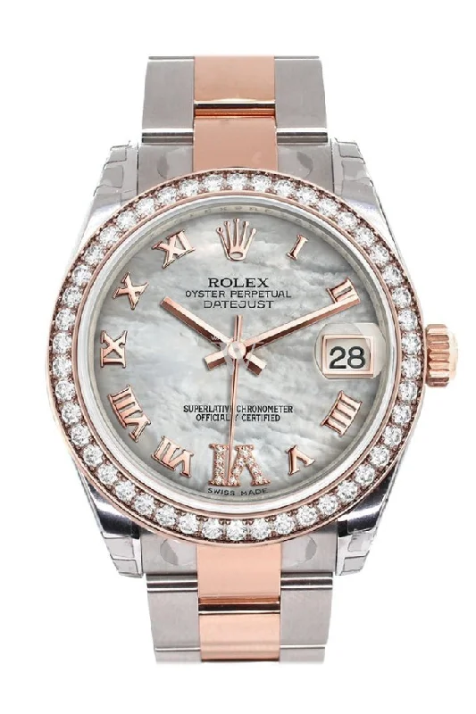 Custom Diamond Bezel Rolex Datejust 31 White Mother of Pearl Roman Large VI Diamond Dial 18K Rose Gold Two Tone Ladies Watch 178241 Pre-owned