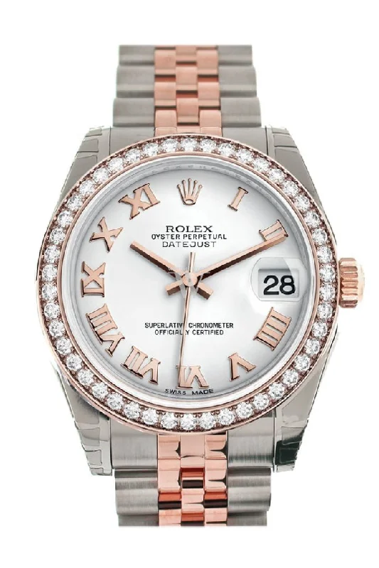 Custom Diamond Bezel Rolex Datejust 31 White Roman Dial 18K Rose Gold Two Tone Jubilee Ladies Watch 178241 Pre-owned