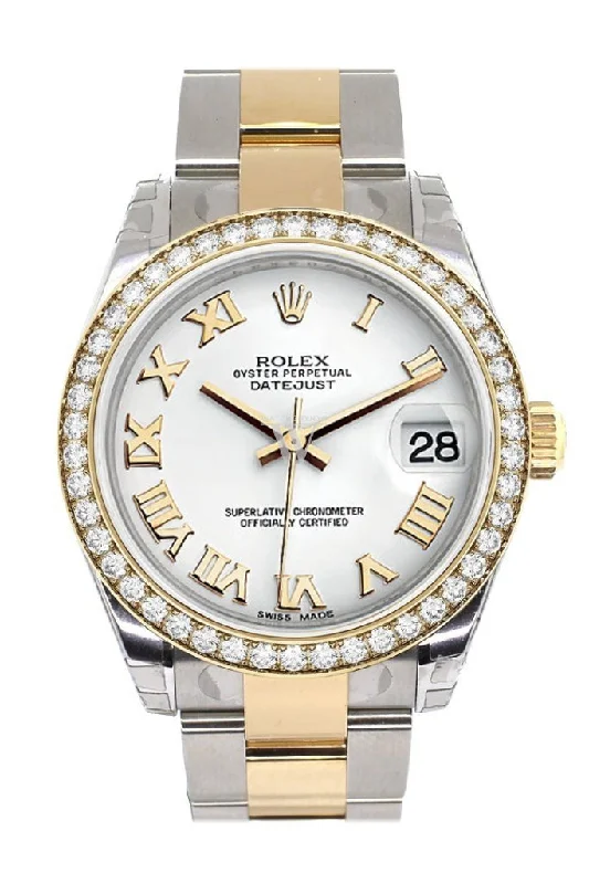 Custom Diamond Bezel Rolex Datejust 31 White Roman Dial Ladies Watch Two Tone 18K Gold 178243 Pre-owned