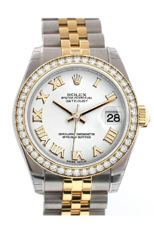 Custom Diamond Bezel Rolex Datejust 31 White Roman Dial Two Tone 18K Gold Jubilee Ladies Watch 178243 Pre-owned