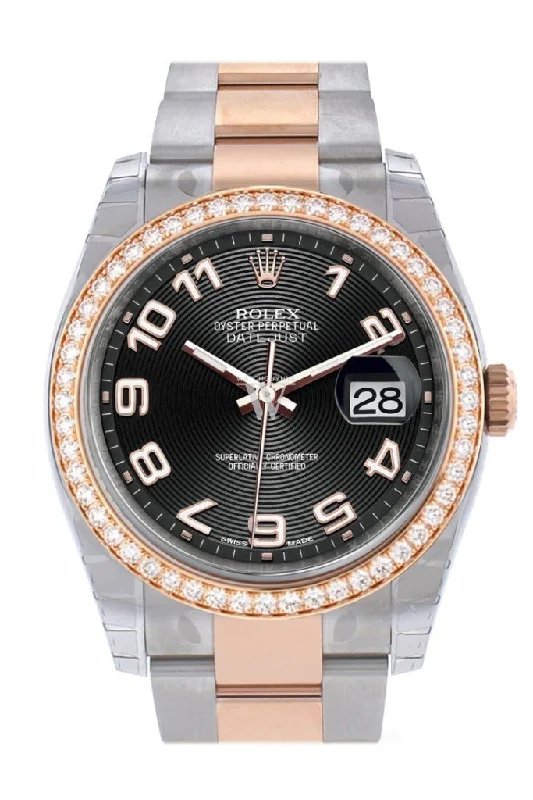 Custom Diamond Bezel Rolex Datejust 36 Black Arab Dial Oyster Rose Gold Two Tone Watch 116201 116231 Pre-owned