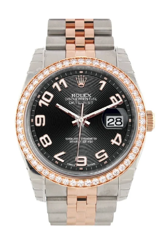 Custom Diamond Bezel Rolex Datejust 36 Black ArabDial Jubilee Rose Gold Two Tone Watch 116201 116231 Pre-owned