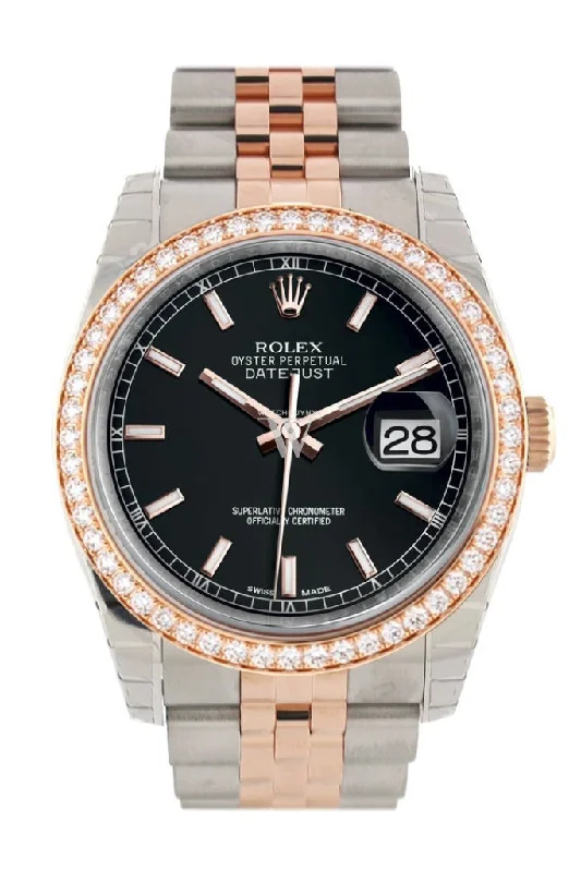 Custom Diamond Bezel Rolex Datejust 36 Black Dial Rose Gold Two Tone Watch 116201 116231 Pre-owned