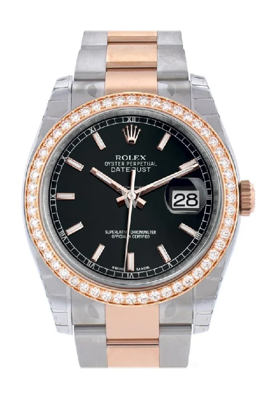 Custom Diamond Bezel Rolex Datejust 36 Black Dial Oyster Rose Gold Two Tone Watch 116201 116231 Pre-owned