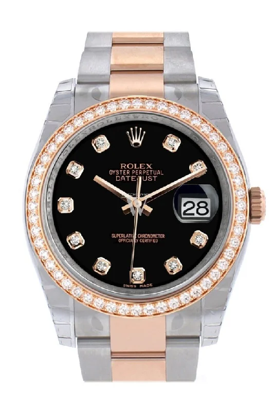 Custom Diamond Bezel Rolex Datejust 36 Black Dial Oyster Rose Gold Two Tone Watch 116201 116231 Pre-owned