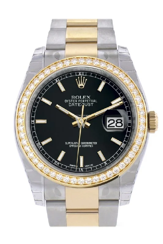 Custom Diamond Bezel Rolex Datejust 36 Black Dial Yellow Gold Two Tone Watch 116203 116233 Pre-owned