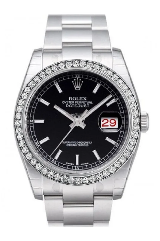 Custom Diamond Bezel Rolex Datejust 36 Black Dial Stainless Steel Oyster Watch 116200 Pre-owned