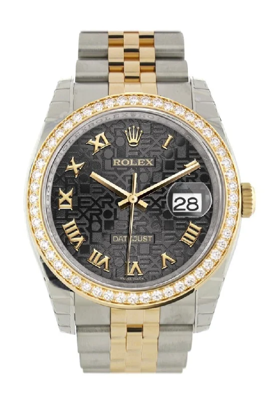 Custom Diamond Bezel Rolex Datejust 36 Black Jubile Roman Dial Jubilee Yellow Gold Two Tone Watch 116203 Pre-owned