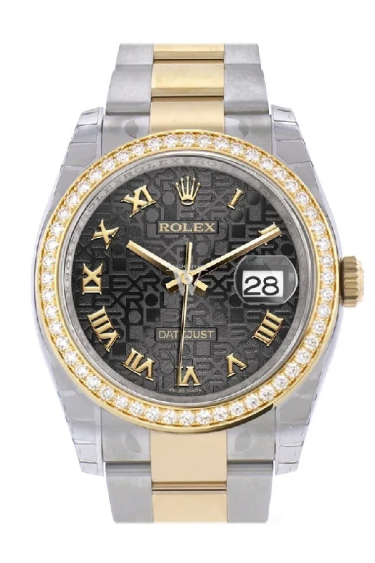 Custom Diamond Bezel Rolex Datejust 36 Black Jubile Roman Dial Oyster Yellow Gold Two Tone Watch 116203 116233 Pre-owned