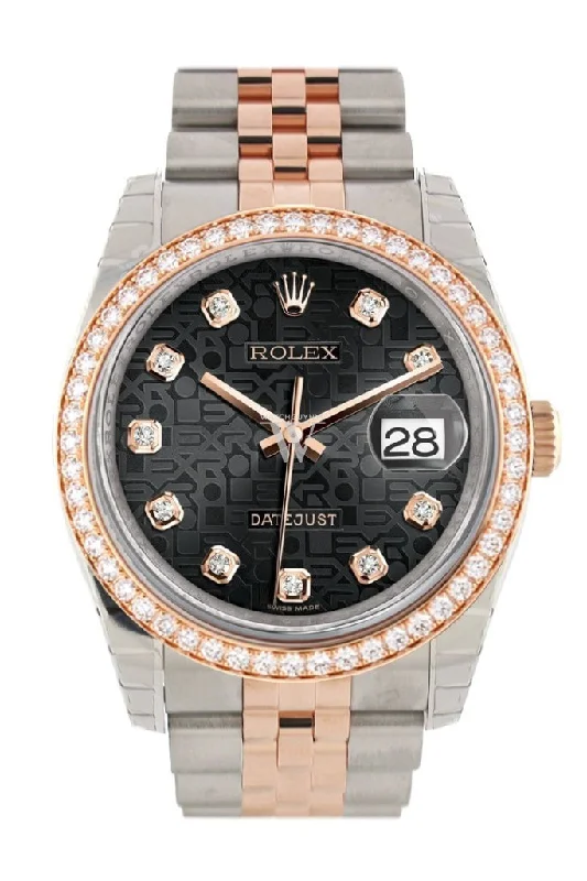 Custom Diamond Bezel Rolex Datejust 36 Black Jubilee Design Diamonds Dial Jubilee Rose Gold Two Tone Watch 116201 116231 Pre-owned