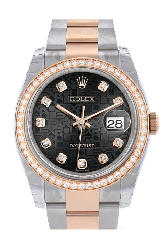 Custom Diamond Bezel Rolex Datejust 36 Black Jubilee design set with diamonds Dial Oyster Rose Gold Two Tone Watch 116201 Pre-owned