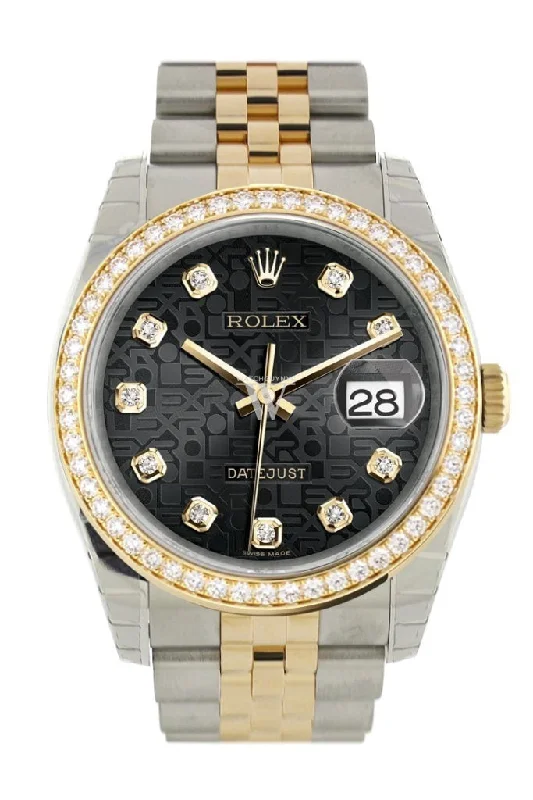 Custom Diamond Bezel Rolex Datejust 36 Black Jubilee set with diamonds Dial Jubilee Yellow Gold Two Tone Watch 116203 Pre-owned