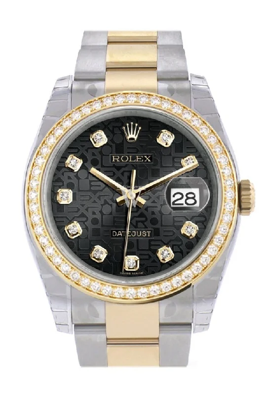 Custom Diamond Bezel Rolex Datejust 36 Black Jubilee set with diamonds Dial Yellow Gold Two Tone Watch 116203 Pre-owned