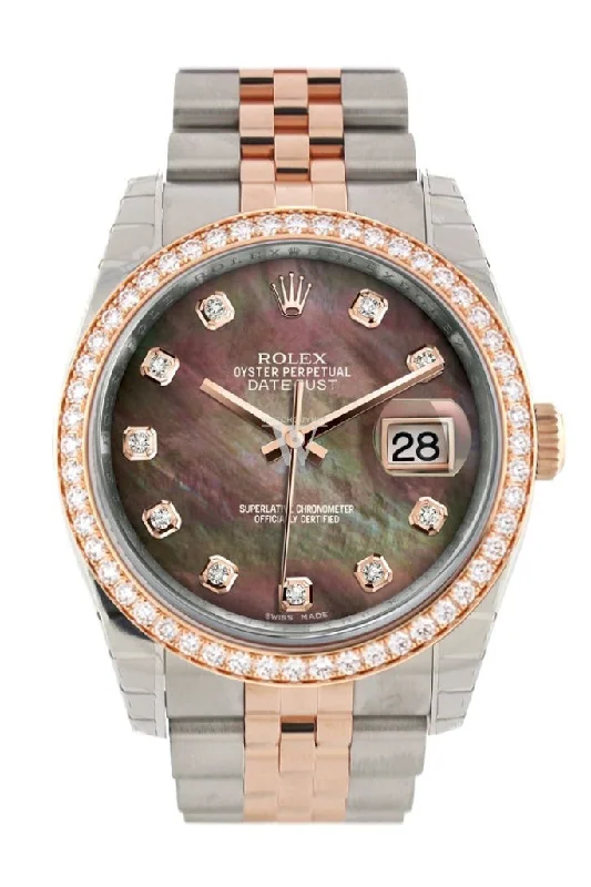 Custom Diamond Bezel Rolex Datejust 36 Black Mother of Pearl Dial Jubilee Rose Gold Two Tone Watch 116201 116231 Pre-owned