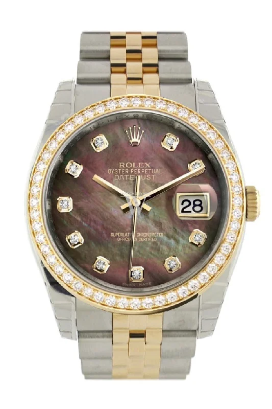 Custom Diamond Bezel Rolex Datejust 36 Black mother-of-pearl diamonds Dial JubileeYellow Gold Two Tone Watch 116203