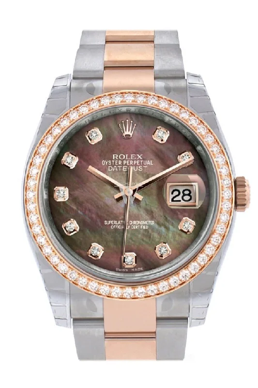 Custom Diamond Bezel Rolex Datejust 36 Black mother-of-pearl diamonds Dial  Rose Gold Two Tone Watch 116201 116231 Pre-owned