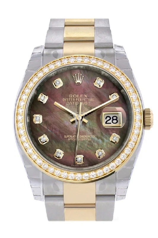 Custom Diamond Bezel Rolex Datejust 36 Black mother-of-pearl diamonds Dial Yellow Gold Two Tone Watch 116203 116233 Pre-owned