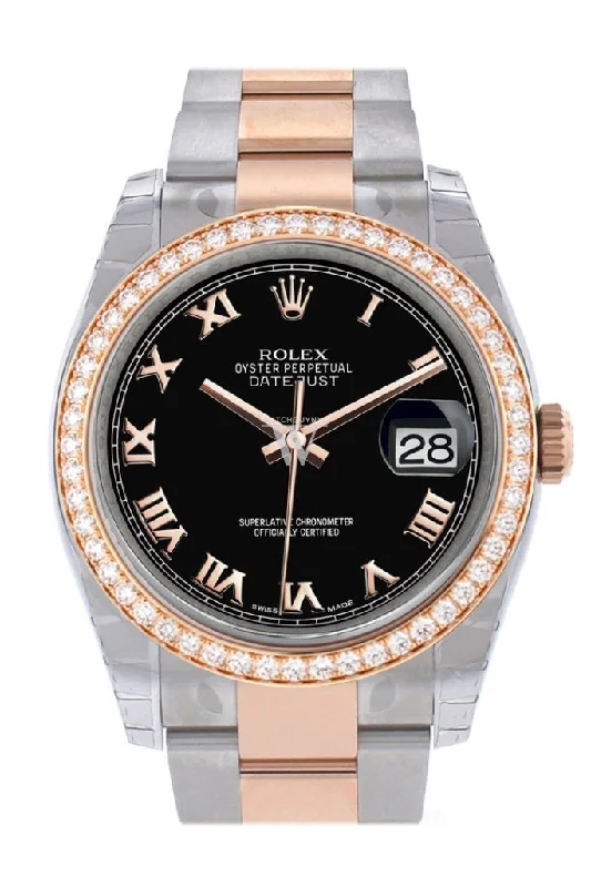 Custom Diamond Bezel Rolex Datejust 36 Black Roman Dial Rose Gold Two Tone Watch 116201 116231 Pre-owned