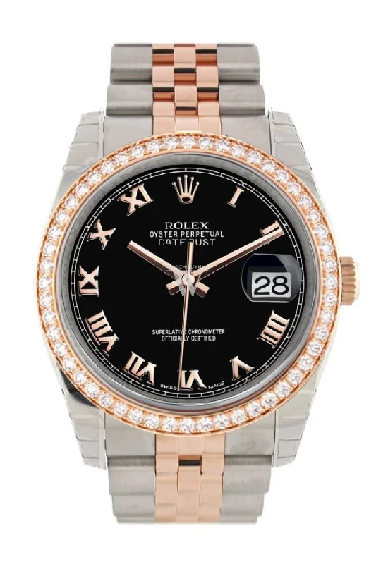 Custom Diamond Bezel Rolex Datejust 36 Black Roman Dial Jubilee Rose Gold Two Tone Watch 116201 116231 Pre-owned