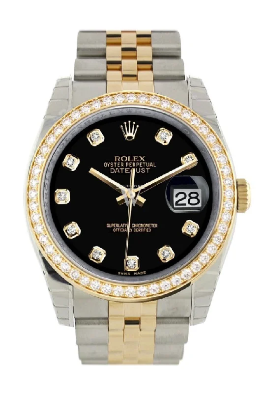 Custom Diamond Bezel Rolex Datejust 36 Black diamonds Dial Jubilee Yellow Gold Two Tone Watch 116203 116233 Pre-owned