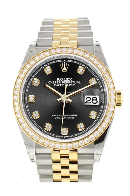 Custom Diamond Bezel Rolex Datejust 36 Black Set with Diamonds Dial Jubilee Yellow Gold Two Tone Watch 126203