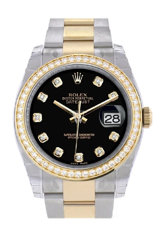 Custom Diamond Bezel Rolex Datejust 36 Black diamonds Dial Oyster Yellow Gold Two Tone Watch 116203 Pre-owned