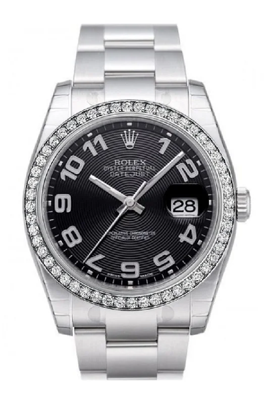 Custom Diamond Bezel Rolex Datejust 36 Black Concentric Circle Dial Stainless Steel Oyster  Men's Watch 116200 Pre-owned