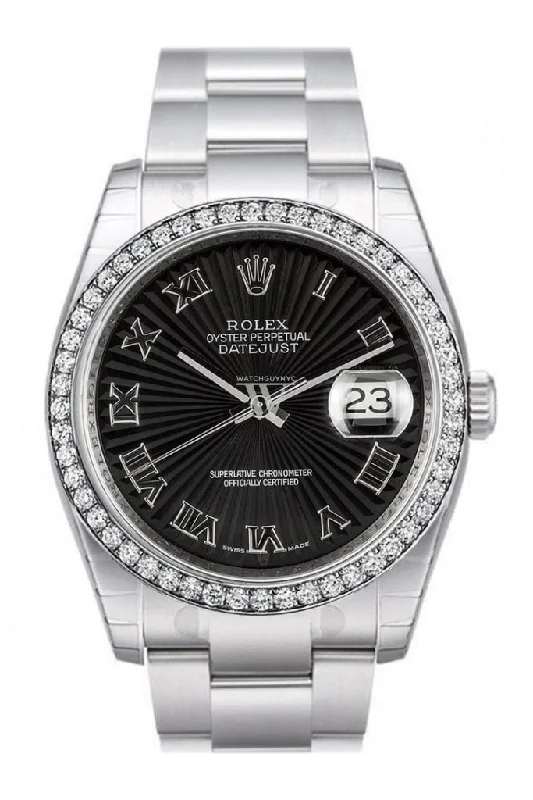 Custom Diamond Bezel Rolex Datejust 36 Black Sunbeam Dial Stainless Steel Oyster Watch 116200 Pre-owned