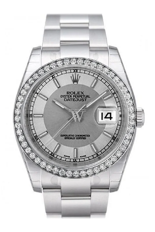 Custom Diamond Bezel Rolex Datejust 36 Silver Concentric Dial Stainless Steel Oyster Men's Watch 116200 Pre-owned