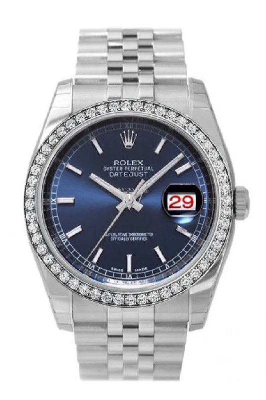 Custom Diamond Bezel Rolex Datejust 36 Blue Dial Stainless Steel Jubilee Men's Watch 116200 Pre-owned