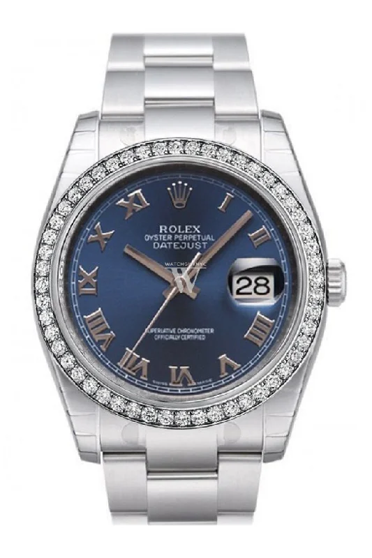 Custom Diamond Bezel Rolex Datejust 36 Blue Roman Dial Stainless Steel Oyster Watch 116200 Pre-owned