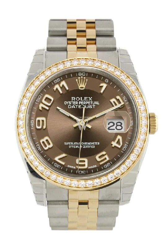 Custom Diamond Bezel Rolex Datejust 36 Bronze Arab Dial Jubilee Yellow Gold Two Tone Watch 116203 116233 Pre-owned