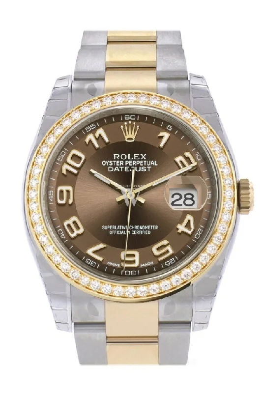 Custom Diamond Bezel Rolex Datejust 36 Bronze Arab Dial Oyster Yellow Gold Two Tone Watch 116203 116233 Pre-owned