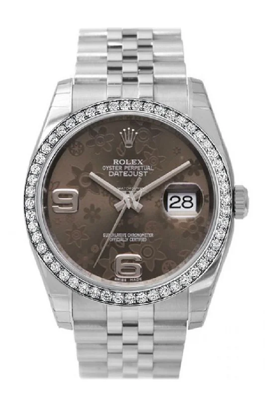 Custom Diamond Bezel Rolex Datejust 36 Bronze Floral Dial Stainless Steel Jubilee Ladies Watch 116200 Pre-owned