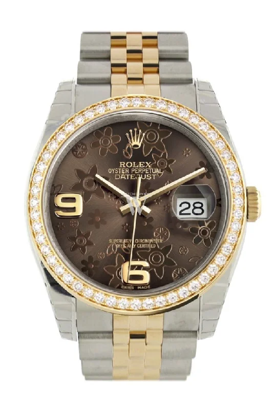 Custom Diamond Bezel Rolex Datejust 36 Bronze floral motif Arab Dial Jubilee Yellow Gold Two Tone Watch 116203 Pre-owned