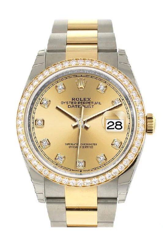 Custom Diamond Bezel Rolex Datejust 36 Champagne-Colour Set with Diamonds Dial Oyster Yellow Gold Two Tone Watch 126203