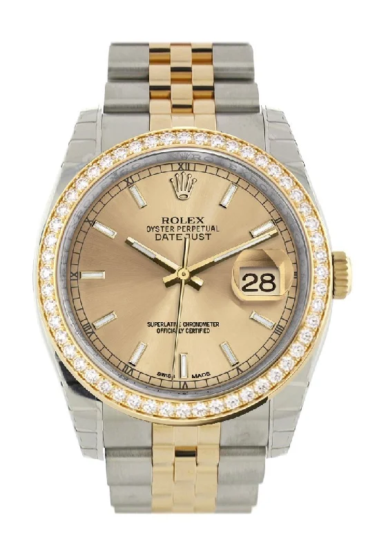 Custom Diamond Bezel Rolex Datejust 36 Champagne Dial Jubilee Yellow Gold Two Tone Watch 116203 116233 Pre-owned