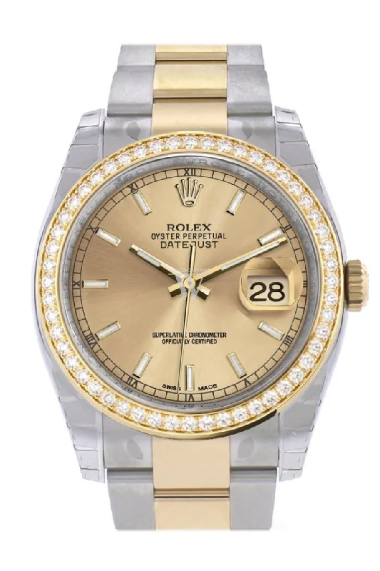 Custom Diamond Bezel Rolex Datejust 36 Champagne Dial Oyster Yellow Gold Two Tone Watch 116203 Pre-owned