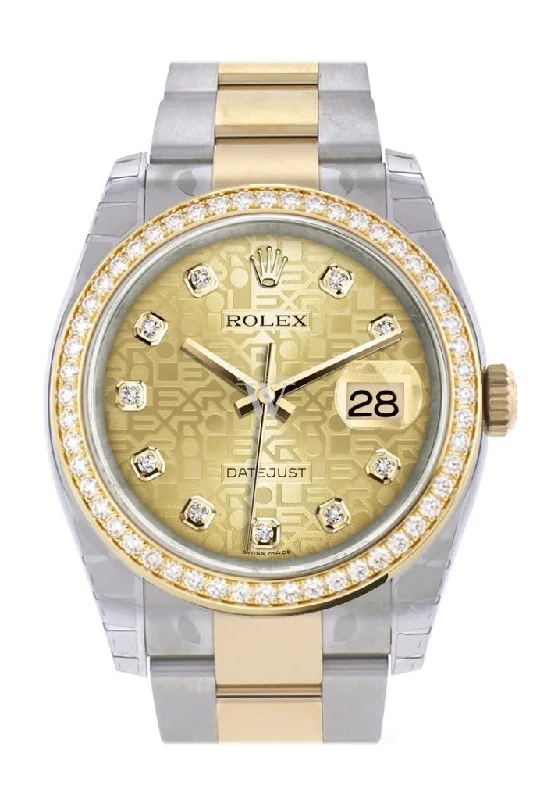 Custom Diamond Bezel Rolex Datejust 36 Champagne Jubilee Diamond Dial Oyster Yellow Gold Two Tone Watch 116203 Pre-owned