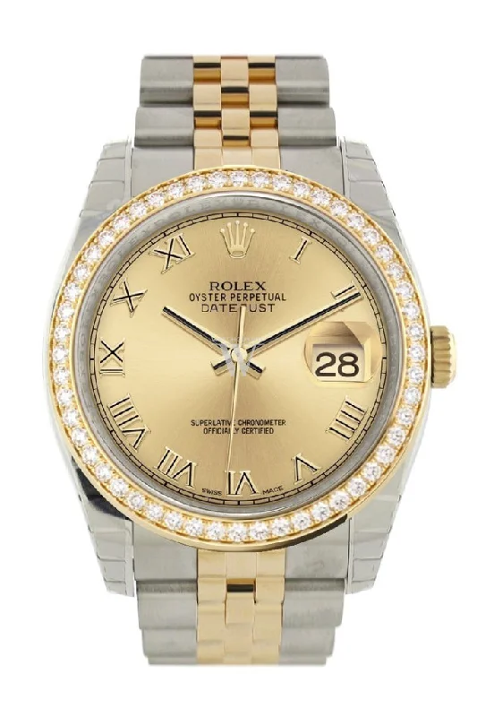 Custom Diamond Bezel Rolex Datejust 36 Champagne Roman Dial Jubilee Yellow Gold Two Tone Watch 116203 116233 Pre-owned