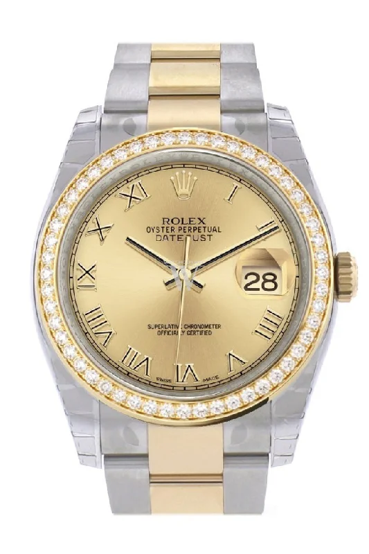 Custom Diamond Bezel Rolex Datejust 36 Champagne Roman Dial Oyster Yellow Gold Two Tone Watch 116203 Pre-owned