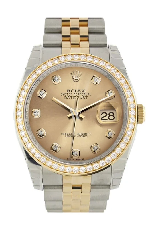 Custom Diamond Bezel Rolex Datejust 36 Champagne diamonds Dial Jubilee Yellow Gold Two Tone Watch 116203 116233 Pre-owned