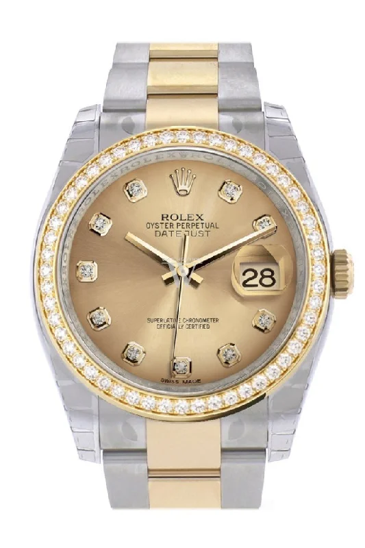 Custom Diamond Bezel Rolex Datejust 36 Champagne set with diamonds Dial Oyster Yellow Gold Two Tone Watch 116203 Pre-owned