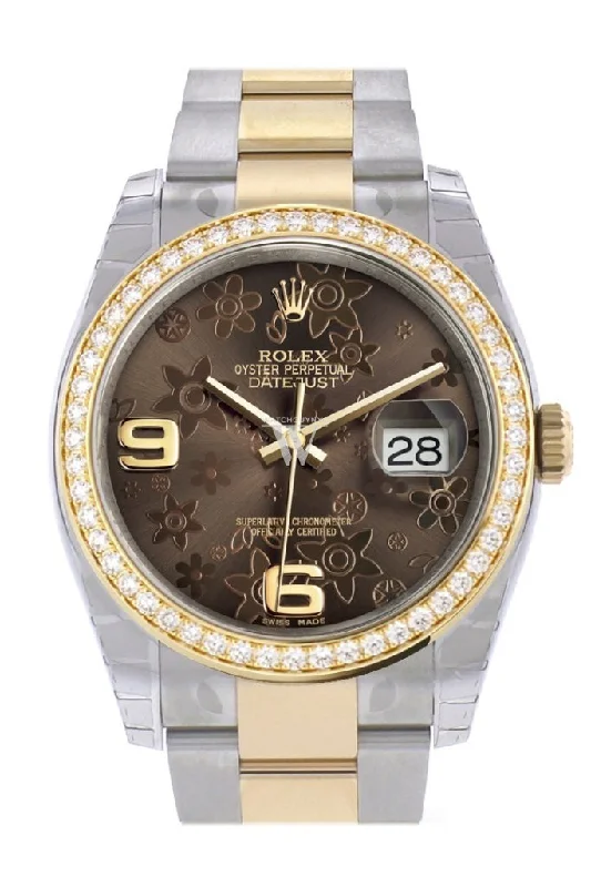 Custom Diamond Bezel Rolex Datejust 36 Bronze floral motif Arab Dial Oyster Yellow Gold Two Tone Watch 116203 Pre-owned