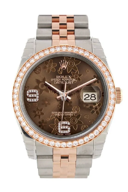 Custom Diamond Bezel Rolex Datejust 36 Chocolate floral motif Dial Jubilee Rose Gold Two Tone Watch 116201 116231 Pre-owned